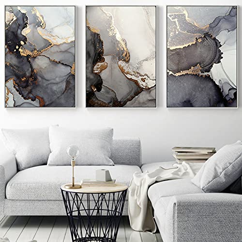 3er Set Abstrakt Leinwand Bilder Schwarz Weiß Grau Geometrische Kunstdruck Poster Goldene Marmor Textur Wandkunst Poster Wohnzimmer Decor Bilder Grau Ohne Rahmen (C,40x60 cm) von BDKCYO