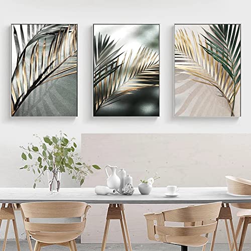 3er Set Bilder Grün Golden Pflanzenblatt Leinwand Abstrakte Goldener Blätter Poster 50x70cm Grün Gold Wanddekoration Leinwandbilder Ohne Rahmen (A,40x60 cm) von BDKCYO
