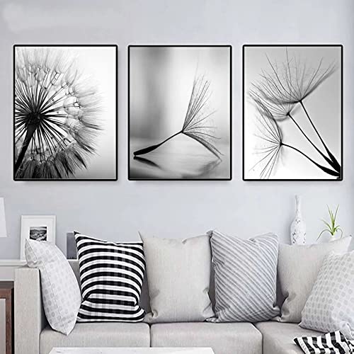 3er Set Leinwand Poster Schwarz Weiß Pusteblume Bilder Abstrakt Pflanzenblatt Wandbilder Wohnzimmer Deko Leinwand Schwarz Weiß Rahmenlos (A,40x60 cm) von BDKCYO