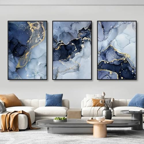 Abstrakt Blau Gold Marmor Leinwand Bild Nordische Leinwand Malerei Gold Textur Marmor Wandbilder Wohnzimmer 3er Set Blau Kein Rahmen (A,30x40 cm) von BDKCYO