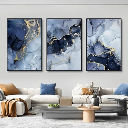 Abstrakt Blau Gold Marmor Leinwand Bild Nordische Leinwand Malerei Gold Textur Marmor Wandbilder Wohnzimmer 3er Set Blau Kein Rahmen (A,50x70 cm) von BDKCYO