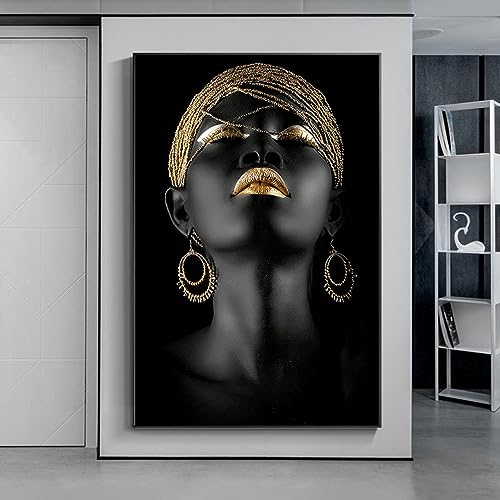 Abstrakt Schwarze Frau Bilder Auf Leinwand, Schwarz Gold Leinwandbilder 70x140cm, Afrikanische Frau Poster Wandbilder XXL Wanddekoration Ohne Rahmen (Schwarz Gold,80x160 cm) von BDKCYO