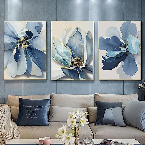 Abstrakte Leinwand Poster Blaue Weiße Pflanzenblatt Bild auf Leinwand, Nordische Dekoration Wandkunst Bilder Blau Blumen, Ohne Rahmen Leinwandbilder (B,50x70 cm) von BDKCYO