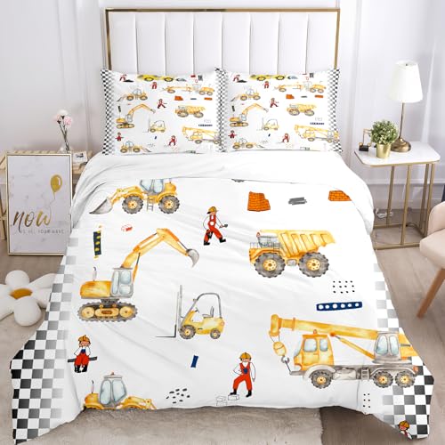 BDKCYO Cartoon-Bagger-Fahrzeug-Bettwäsche, Süßes Baufahrzeuge Bettbezug Set mit kopfkissenbezug für Jungen und Kinder (135x200cm, C) von BDKCYO