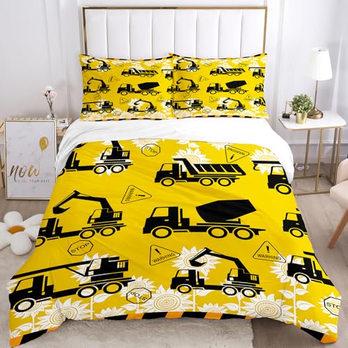 BDKCYO Cartoon-Bagger-Fahrzeug-Bettwäsche, Süßes Baufahrzeuge Bettbezug Set mit kopfkissenbezug für Jungen und Kinder (135x200cm, D) von BDKCYO