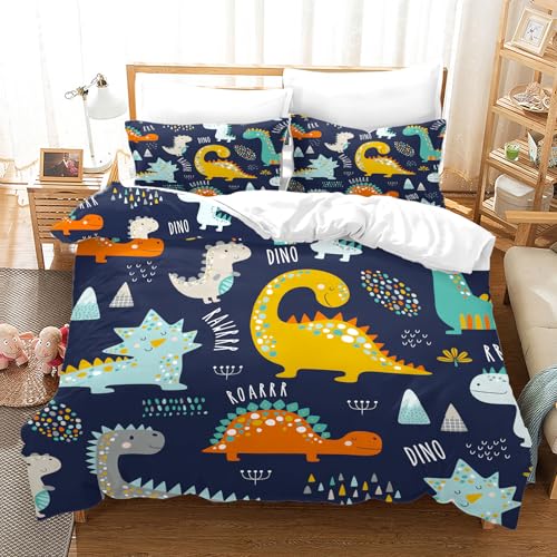 BDKCYO Cartoon Dinosaurier Bettwäsche Set,Bunte Dinosaurier Motiv Druck für Kinder Jungen Mädchen mit kopfkissenbezug und Reißverschluss (135x200cm, C) von BDKCYO