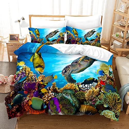 BDKCYO Kinder Bettwäsche Meerestiere 135x200cm, Blau Unterwasserwelt Delfin Fisch Koralle Schildkröte Muster Bettbezug Ocean Themed Bettwäsche Set (C5,135 x 200 cm) von BDKCYO