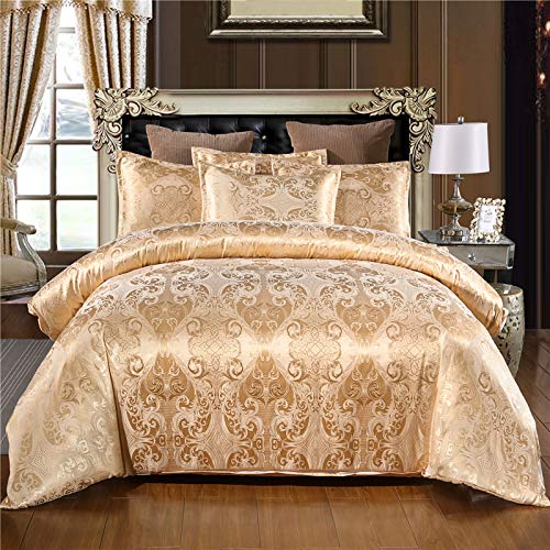 Retro Bettwäsche Satin Jacquard 220x240 cm Gold Jacquard Blumenmuster Bettbezug Luxus Romantisch Barock Stil Bettwäsche Set Satin (Yellow,220 x 240 cm) von BDKCYO