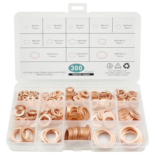 BDS-HOME 300 Stück Kupfer-Flachscheiben Sortiment – 12 Größen – metrische Unterlegscheiben M5 M6 M8 M10 M12 M14 M16 M20 von BDS-HOME