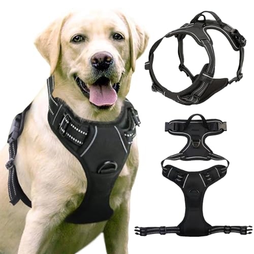 BDSHUNBF Hundegeschirr Ohne Zug, Grosse Hunde, Atmungsaktiv Brustgeschirr Geschirr, Anti Zug Hundegeschirr mit Reflexstreifen und Kontrolle, Einstellbar Weich Schwarz M von BDSHUNBF