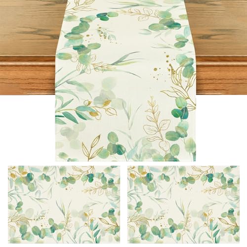 BDSHUNBF Tischläufer Frühling Grüne, Tischläufer Eukalyptus Tischläufer Modern Frühling Küche Esstisch Dekoration für Esszimmer Küche Bauernhaus Hochzeit Geburtstag Draussen mit Tischset 40 x 140 cm, no von BDSHUNBF