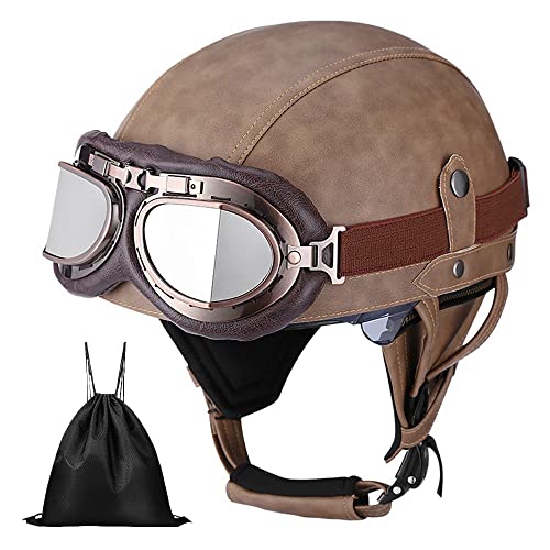 German Retro Motorcycle Leather Half Helmets Vintage Car Jet Helmet, Scooter Motocross Helmet, ECE Approval Adult with Protective Goggles for Men and Women mit Aufbewahrungstasche von BDTOT