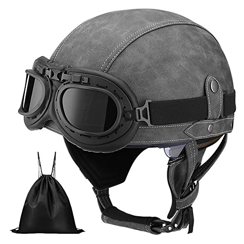 German Retro Motorcycle Leather Half Helmets Vintage Car Jet Helmet, Scooter Motocross Helmet, ECE Approval Adult with Protective Goggles for Men and Women mit Aufbewahrungstasche von BDTOT