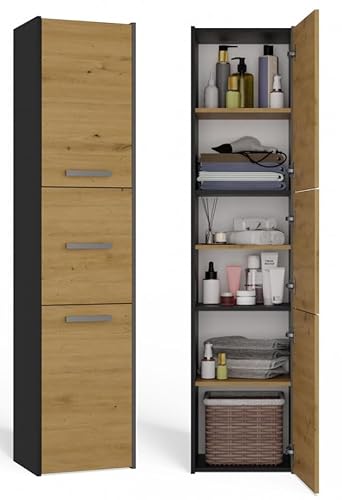 BDW - Badezimmer Schrank Hochschrank - Hoher Badschrank - 170x40x30 cm - 3 x Türen mit Griffen, geräumige Einlegeböden in der Mitte, Türöffnungsseite wählbar - Anthrazit/Eiche Artisan BDW - Badezimmer Schrank Hochschrank - Hoher Badschrank - 170x40x30 cm - 3 x Türen mit Griffen, geräumige Einlegeböden in der Mitte, Türöffnungsseite wählbar - Anthrazit/Eiche Artisan von BDW