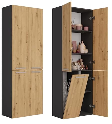 BDW Badezimmerschrank, Wäschekorb, 4 - Türen 174 x 60 x 30cm Unterschrank, Waschbeckenunterschrank, Hochschrank, Badmöbel, Bad-Hochschrank, Badregal (Anthrazit/Artisan-Eiche) von BDW