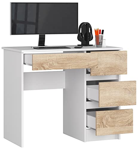 BDW Büroschreibtisch mit 4 Schubladen - Gamingtisch – Gaming Desk - Computertisch - Gaming Tisch – Gaming Schreibtisch - Kleiner Schreibtisch 90x77x50cm - Weiss/Eiche Sonoma von BDW