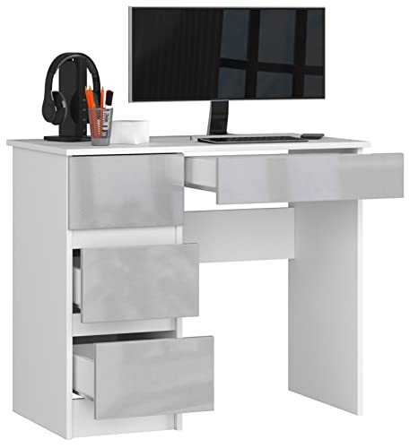 BDW Büroschreibtisch mit 4 Schubladen - Gamingtisch – Gaming Desk - Computertisch - Gaming Tisch – Gaming Schreibtisch - Kleiner Schreibtisch 90x77x50cm - Weiss/Grau Glänzend von BDW