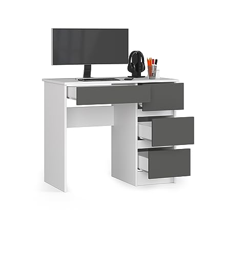 BDW Büroschreibtisch mit 4 Schubladen - Gamingtisch – Gaming Desk - Computertisch - Gaming Tisch – Gaming Schreibtisch - Kleiner Schreibtisch 90x77x50cm - Weiss/Grau von BDW