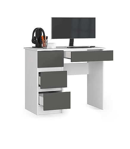 BDW Büroschreibtisch mit 4 Schubladen - Gamingtisch – Gaming Desk - Computertisch - Gaming Tisch – Gaming Schreibtisch - Kleiner Schreibtisch 90x77x50cm - Weiss/Grau von BDW