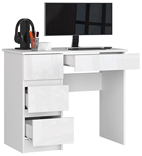 BDW Büroschreibtisch mit 4 Schubladen - Gamingtisch – Gaming Desk - Computertisch - Gaming Tisch – Gaming Schreibtisch - Kleiner Schreibtisch 90x77x50cm - Weiss Glänzend von BDW