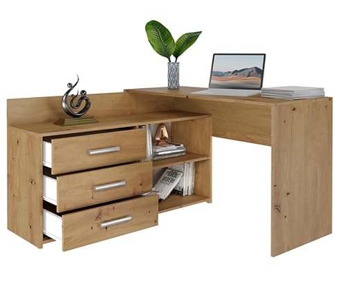 BDW Eckschreibtisch Rechts, 3 Schubladen und 2 Regale, viel Platz zum Entfalten, für Jugendzimmer, Büros und Ateliers, Winkelschreibtisch, Computertisch, Bürotisch 120x76x50 cm (Artisan-Eiche) von BDW