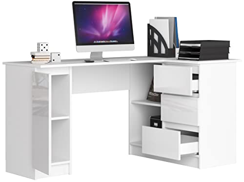 BDW Eckschreibtisch mit 3 Schubladen, 2 Regalen und 1 Fach - Oberfläche Glanz - Schreibtisch für Jugendzimmer Büros und Ateliers - Gaming Tisch - 155x85x77 cm - Weiß Rechts von BDW
