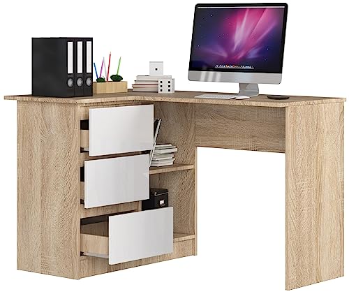 BDW Eckschreibtisch mit 3 Schubladen und 2 Regalen - Oberfläche Glanz - Schreibtisch für Jugendzimmer Büros und Ateliers - Gaming Tisch - 124x85x77 cm - Eiche Sonoma/Weiß Links von BDW