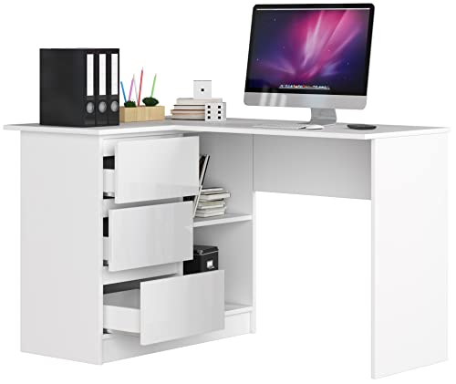 BDW Eckschreibtisch mit 3 Schubladen und 2 Regalen - Oberfläche Glanz - Schreibtisch für Jugendzimmer Büros und Ateliers - Gaming Tisch - 124x85x77 cm - Weiß Links von BDW