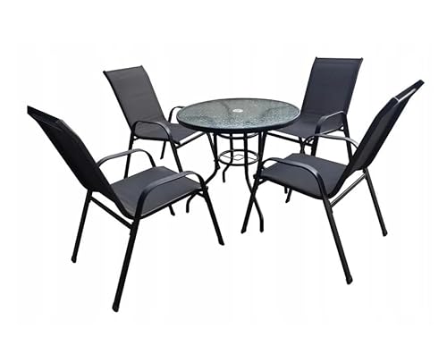 BDW Gartenmöbel-Set mit Glastisch 80 cm und 4 Stühlen, Schwarz, für Balkon und Terrasse von BDW