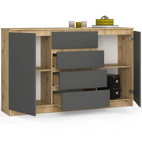 BDW K160 Kommode - Abriebfeste Laminatplatte - ABS-Kanten - Minimalistisches Design - Universell einsetzbar - Einfache Montage - 2 Türen, 4 Schubladen - 160 cm - Artisan Eiche/Grau BDW K160 Kommode - Abriebfeste Laminatplatte - ABS-Kanten - Minimalistisches Design - Universell einsetzbar - Einfache Montage - 2 Türen, 4 Schubladen - 160 cm - Artisan Eiche/Grau von BDW