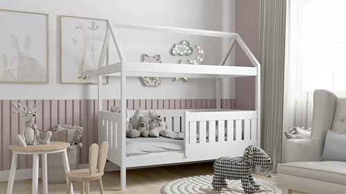BDW Kinderbett Hausbett 80 x 160 cm oder 80 x 180 cm, Rausfallschutz, Lattenrost - Massivholz Hausbett für Kinder - Bett in Weiß (160x80 mit Schublade) von BDW