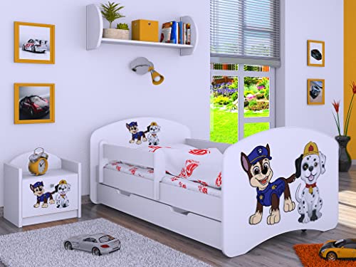BDW Kinderbett Super Hunde - Babybett mit Matratze und Schublade - Bequem und Langlebig Rausfallschutz Bett - Kinderzimmer - Weiß (Motiv 1) - 160x80 von BDW