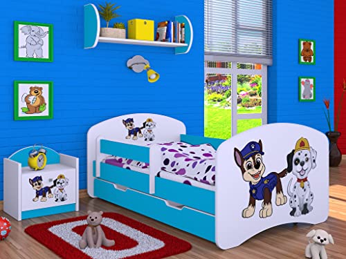 BDW Kinderbett Super Hunde Paw - Babybett mit Matratze und Schublade - Bequem und Langlebig Rausfallschutz Bett - Kinderzimmer - Blau (Motiv 1) - 140x70 von BDW