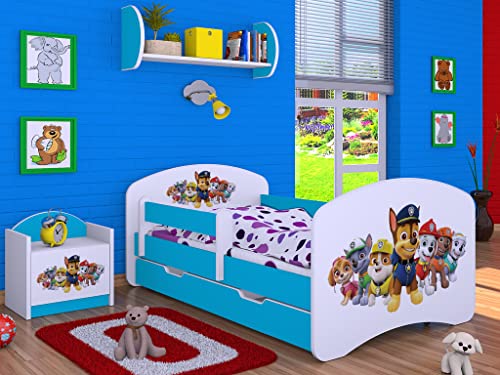 BDW Kinderbett Super Hunde Paw - Babybett mit Matratze und Schublade - Bequem und Langlebig Rausfallschutz Bett - Kinderzimmer - Blau (Motiv 3) - 140x70 von BDW