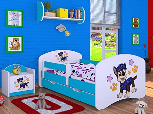 BDW Kinderbett Super Hunde Paw - Babybett mit Matratze und Schublade - Bequem und Langlebig Rausfallschutz Bett - Kinderzimmer - Blau (Motiv 5) - 140x70 von BDW
