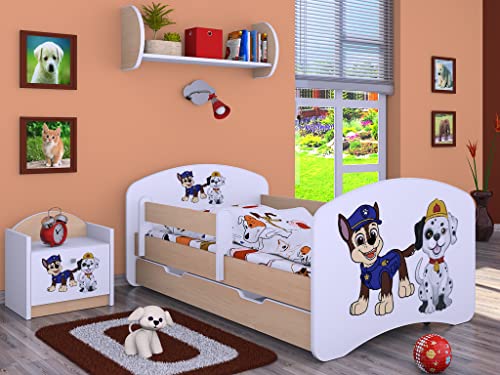 BDW Kinderbett Super Hunde Paw - Babybett mit Matratze und Schublade - Bequem und Langlebig Rausfallschutz Bett - Kinderzimmer - Leichte Birne (Motiv 1) - 140x70 von BDW