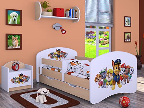 BDW Kinderbett Super Hunde Paw - Babybett mit Matratze und Schublade - Bequem und Langlebig Rausfallschutz Bett - Kinderzimmer - Leichte Birne (Motiv 3) - 160x80 von BDW