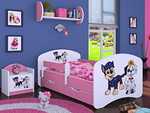 BDW Kinderbett Super Hunde Paw - Babybett mit Matratze und Schublade - Bequem und Langlebig Rausfallschutz Bett - Kinderzimmer - Rosa (Motiv 1) - 180x90 von BDW