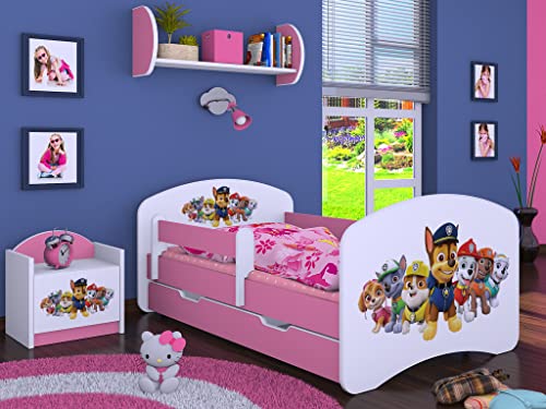 BDW Kinderbett Super Hunde Paw - Babybett mit Matratze und Schublade - Bequem und Langlebig Rausfallschutz Bett - Kinderzimmer - Rosa (Motiv 3) - 160x80 von BDW