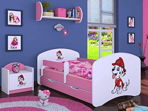 BDW Kinderbett Super Hunde Paw - Babybett mit Matratze und Schublade - Bequem und Langlebig Rausfallschutz Bett - Kinderzimmer - Rosa (Motiv 4) - 160x80 von BDW