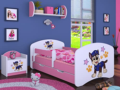 BDW Kinderbett Super Hunde Paw - Babybett mit Matratze und Schublade - Bequem und Langlebig Rausfallschutz Bett - Kinderzimmer - Rosa (Motiv 5) - 180x90 von BDW