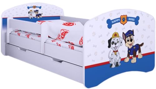 BDW Kinderbett Super Hunde Paw - Babybett mit Matratze und Schublade - Bequem und Langlebig Rausfallschutz Bett - Kinderzimmer - Weiß (140x70) von BDW