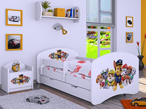 BDW Kinderbett Super Hunde Paw - Babybett mit Matratze und Schublade - Bequem und Langlebig Rausfallschutz Bett - Kinderzimmer - Weiß (Motiv 3) - 140x70 von BDW