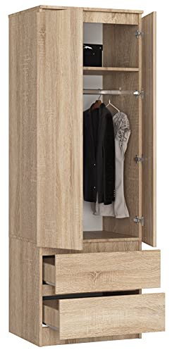 BDW Kleiderschrank mit 2 Türen, 2-türiger Kleiderschrank, 2 Schubladen - Aufbewahrungsschrank - Moderner Schrank für Schlafzimmer, Wohnzimmer, Flur, Kinderzimmer - 180x60x51cm - Eiche Sonoma von BDW