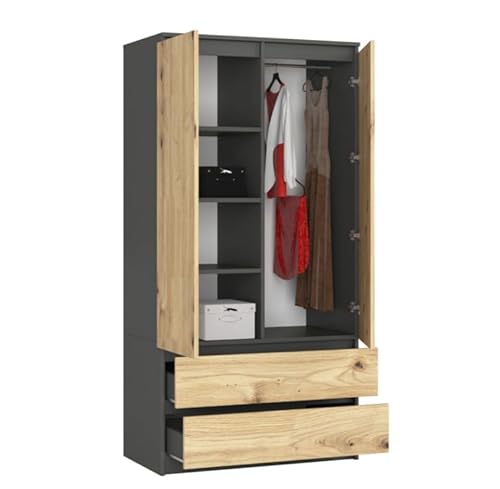 BDW Kleiderschränk 2 Türen, 4 Einlegeböden, Kleiderständer, 2 Schubladen, Mehrzweckschrank, Schubladenschrank, Garderobenschrank für Schlafzimmer, Wohnräume, 180x90x51cm, Grau/Eiche Artisan von BDW