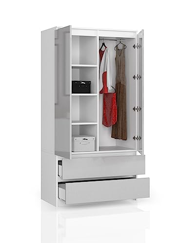 BDW Kleiderschrank mit 2 Türen und 4 Einlegeböden - Kleiderbügel - 2 Schubladen - Oberfläche Glanz - Kleiderschrank für das Schlafzimmer Wohnzimmer Diele - 180x90x51cm - Weiß/Grau von BDW