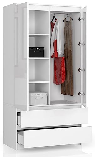 BDW Kleiderschrank mit 2 Türen und 4 Einlegeböden - Kleiderbügel - 2 Schubladen - Oberfläche Glanz - Kleiderschrank für das Schlafzimmer Wohnzimmer Diele - 180x90x51cm - Weiß von BDW