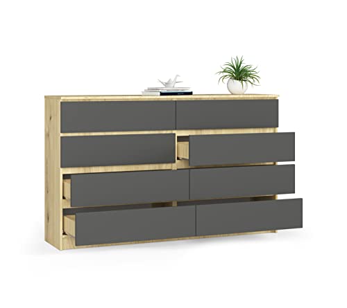 BDW Kommode, 8 Schubladen, viel Stauraum, Kleiderschrank, Flur, Badezimmerschrank, Kommode, Multifunktionsschrank. Abmessungen: 160 x 99 x 40 (Eiche Aristan - Grau) von BDW