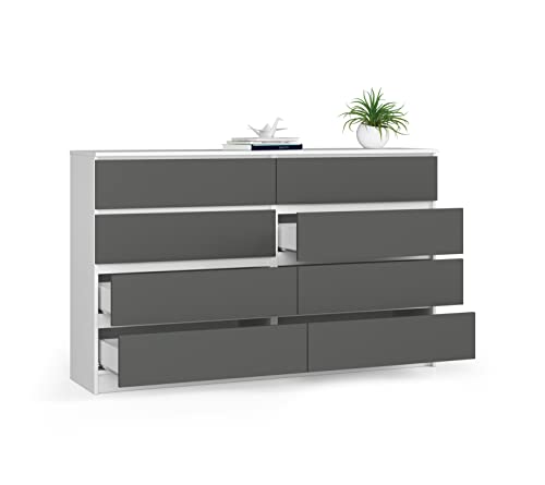 BDW Kommode, 8 Schubladen, viel Stauraum, Kleiderschrank, Flur, Badezimmerschrank, Kommode, Multifunktionsschrank. Abmessungen: 160 x 99 x 40 (Weiß - Grau) von BDW