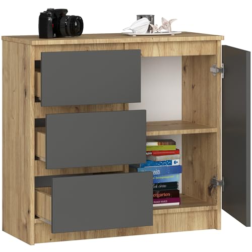 BDW - Kommode mit 3 Schubladen und 1 Tür - 80 cm breit, 77 cm hoch - Schrank, Sideboard, Mehrzweck-, Schuhschrank, Schubladenkommode, Aktenschrank - Wohn-, Schlafzimmer, Flur - Eiche Artisan/Grau BDW - Kommode mit 3 Schubladen und 1 Tür - 80 cm breit, 77 cm hoch - Schrank, Sideboard, Mehrzweck-, Schuhschrank, Schubladenkommode, Aktenschrank - Wohn-, Schlafzimmer, Flur - Eiche Artisan/Grau von BDW
